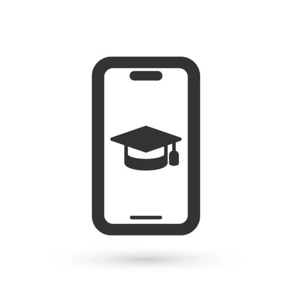 Grey Graduation Cap Het Scherm Smartphone Pictogram Geïsoleerd Witte Achtergrond — Stockvector