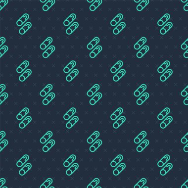 Yeşil çizgi klasik kapalı çelik güvenlik iğnesi ikonu mavi arka planda izole edilmiş pürüzsüz desen. Vektör