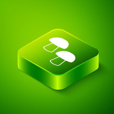 Isometric Mantar simgesi yeşil arkaplanda izole edildi. Yeşil kare düğmesi. Vektör