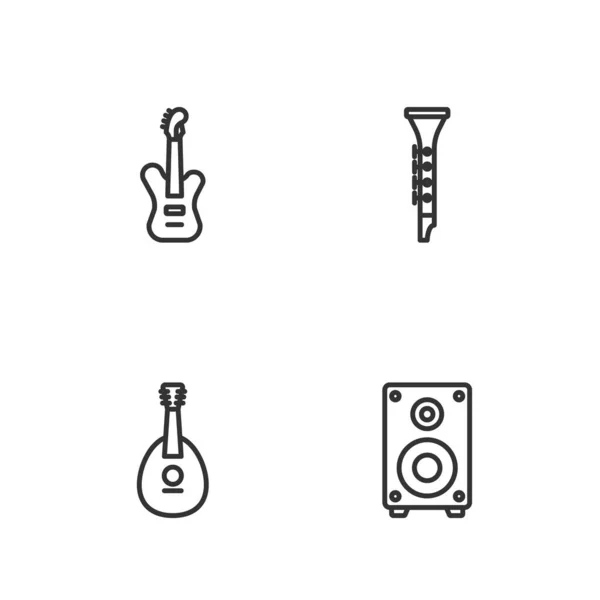 Set Line Stereo Speaker Mandolin Electric Bass Guitar Clarinet Icon — Stock Vector