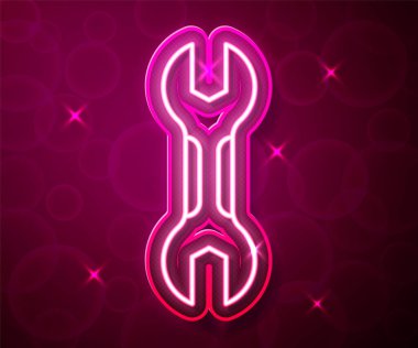 Parlayan neon çizgi anahtarı simgesi kırmızı arkaplanda izole edildi. Anahtar tamir aleti. Servis aracı sembolü. Vektör