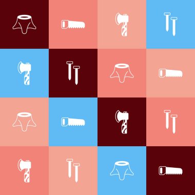 Patlak ağaç kütüğü, el testeresi, tahta balta ve metal çivi ikonu. Vektör