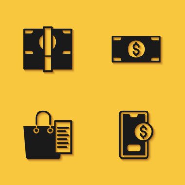 Stacks kağıt para, cep telefonu dolar, alışveriş listesi ve uzun gölgeli ikon. Vektör