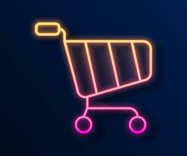 Parlayan neon hattı alışveriş arabası simgesi siyah arka planda izole edildi. İnternetten satın alma konsepti. Servis tabelası. Süpermarket sepeti sembolü. Vektör