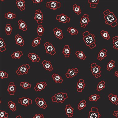 Çizgi Akıllı saati kalp atış hızı simgesini gösteriyor. Siyah arkaplanda izole edilmiş pürüzsüz desen. Fitness uygulaması konsepti. Vektör.