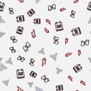 Noel eldivenleri, gündüz takvimi, viburyum ve havai fişek roketlerini kusursuz desenlere ayarlayın. Vektör