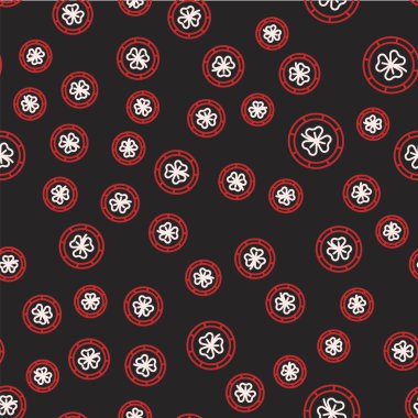 Çizgi Altın Leprikon madeni para ile yonca yaprağı ikonu siyah arka planda izole edilmiş pürüzsüz desen. Aziz Patrick gününüz kutlu olsun. Ulusal İrlanda bayramı. Vektör