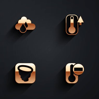 Bulut 'u yağmur, termometre, kasırga ve uzun gölgeli ikonla donatın. Vektör