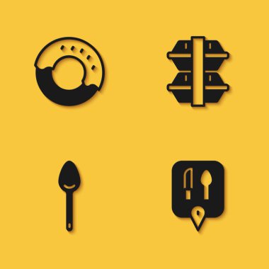 Donut, Kafe ve Lokanta 'nın yerini belirle, Spoon ve Beslenme Kutusu ikonu, uzun gölgeli. Vektör
