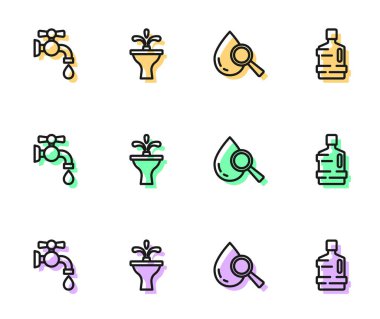 İpi bırak ve büyüteç, su musluğu, çeşme ve temiz su ikonlu büyük şişe. Vektör