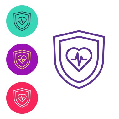 Beyaz arkaplanda kalkan simgesi olan bir hayat sigortası ayarla. Güvenlik, güvenlik, koruma, konsept koruma. Simgeleri renklendirin. Vektör