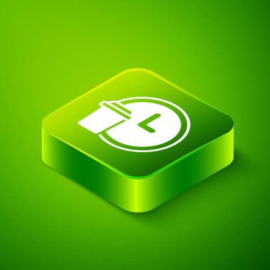 Isometric 24 saat teslimat ikonu yeşil arka planda izole. Yeşil kare düğmesi. Vektör.