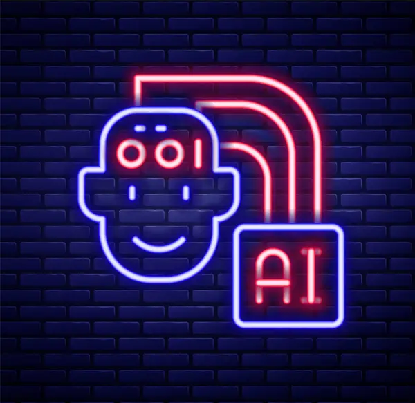 发光的霓虹灯线人形机器人图标隔离在砖墙背景 人工智能 机器学习 云计算 五彩缤纷的概念 — 图库矢量图片