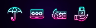 Şemsiye dizüstü bilgisayarını şifreli güvenlik duvarı ve kilitle. Parlayan neon ikonu. Vektör.
