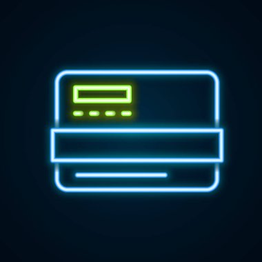 Parlayan neon hattı kredi kartı simgesi siyah arkaplanda izole edildi. Çevrimiçi ödeme. Nakit çekilmesi. Finansal operasyonlar. Alışveriş tabelası. Renkli taslak konsepti. Vektör.