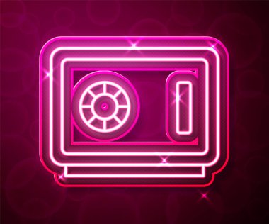 Parlayan neon hattı kırmızı arkaplanda güvenli simge izole edildi. Kapı, şifreli bir banka kasası. Güvenilir Veri Koruma. Vektör