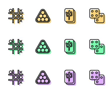 Sıra Mahjong parçaları, Tic Tac toe oyunu, üçgen ve zar ikonunda bilardo topları. Vektör