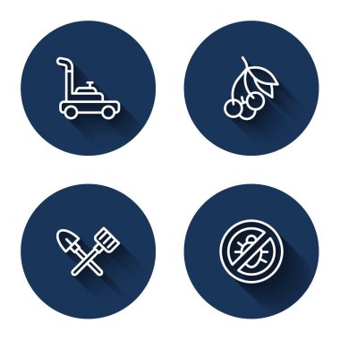 Çim biçme makinesi, taze böğürtlen, kürek ve tırmık ve uzun gölgeli Colorado böceğini durdurun. Mavi daire düğmesi. Vektör