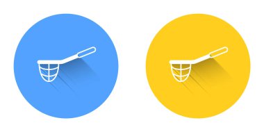 Beyaz balık ağı simgesi uzun gölge arkaplanı ile izole edildi. Balık oltası. Çember düğmesi. Vektör