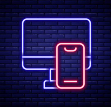 Parlayan neon hattı çevrimiçi sipariş ve fast food dağıtım ikonu tuğla duvar arkasında izole edildi. Renkli taslak konsepti. Vektör