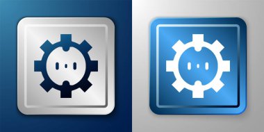 White Electrical outlet icon isolated on blue and grey background. Power socket. Rosette symbol. Silver and blue square button. Vector.