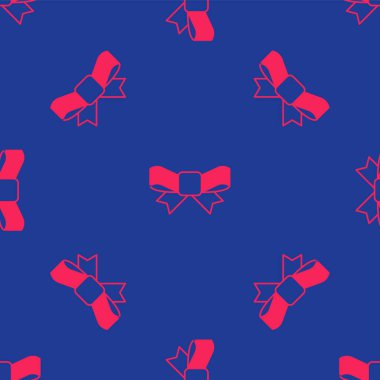 Kırmızı hediye yay ikonu mavi arkaplanda izole edilmiş kusursuz desen. Vektör.