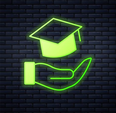 Parlayan neon eğitim bursu simgesi tuğla duvar arkasında izole edilmiş. Okul ücreti, finansal eğitim, bütçe fonu, burs programı, mezuniyet şapkası. Vektör.