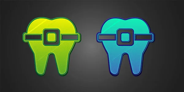 Gröna Och Blå Tänder Med Hängslen Ikon Isolerad Svart Bakgrund — Stock vektor