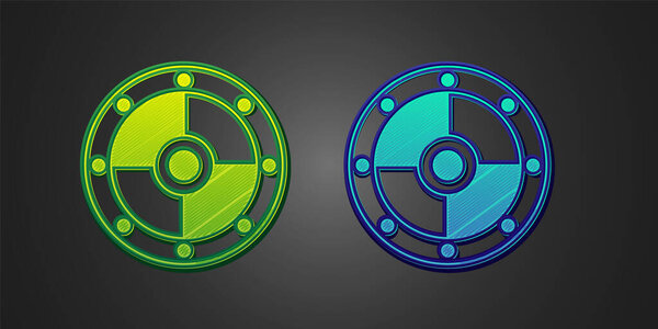 Green and blue Round shield icon isolated on black background. Security, safety, protection, privacy, guard concept. Vector.