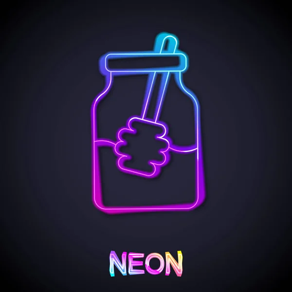 Glödande Neon Linje Jar Honung Och Honung Dipper Stick Ikon — Stock vektor