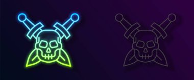 Parlayan neon çizgisi siyah arka planda izole edilmiş kafatası ikonu ile ortaçağ kılıcını çaprazladı. Ortaçağ silahı. Vektör.