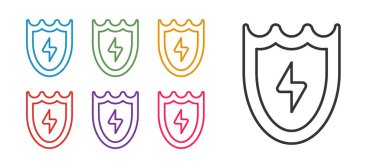 Işık ve kalkan simgesini beyaz arkaplanda izole et. Yüksek voltaj kalkanı. Güvenli enerji. Simgeleri renklendirin. Vektör.