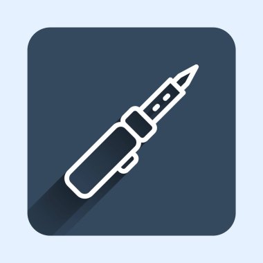 Beyaz çizgi lehim demir ikonu uzun gölge arkaplan izole. Mavi kare düğme. Vektör.