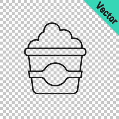 Karton kutu simgesinde siyah çizgi patlamış mısır şeffaf arkaplanda izole edilmiş. Patlamış mısır kutusu. Vektör.