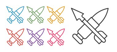 Beyaz zemin üzerinde ok simgesi olan çizgi çapraz mermiyi ayarlayın. Simgeleri renklendirin. Vektör.