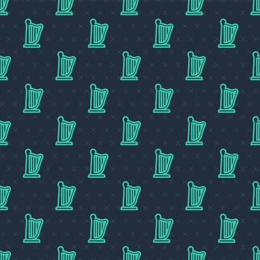 Yeşil çizgi harp simgesi mavi arkaplandaki kusursuz deseni izole etti. Klasik müzik enstrümanı, orkestra akustik elementi. Vektör.