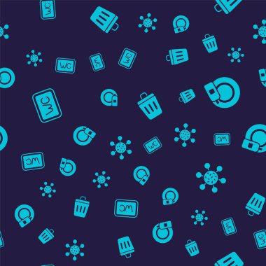 Tuvalet temizleme şişesi ve tabak çöp tenekesi ve bakterileri kusursuz desenlere ayarlayın. Vektör.