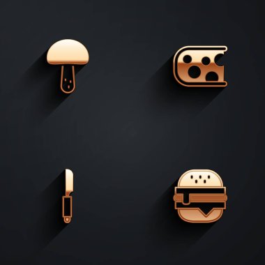 Mantarlı Peynir Bıçağı ve Burger ikonunu uzun gölgeli hazırla. Vektör.