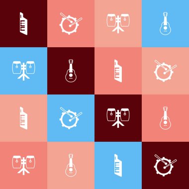 Pop Art Keytar Davulunu davul ve gitar ikonu ile ayarlayın. Vektör.