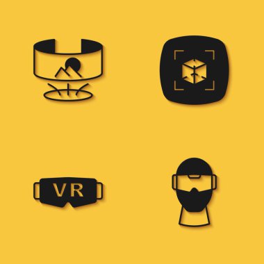 360 derecelik sanal gerçeklik gözlüklerini ve uzun gölgeli 3D modelleme simgesini ayarla. Vektör.