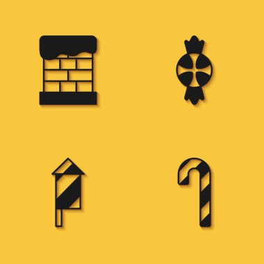 Noel bacası şeker bastonunu çizgili havai fişek roketi ve ikonu uzun gölgeli yap. Vektör.