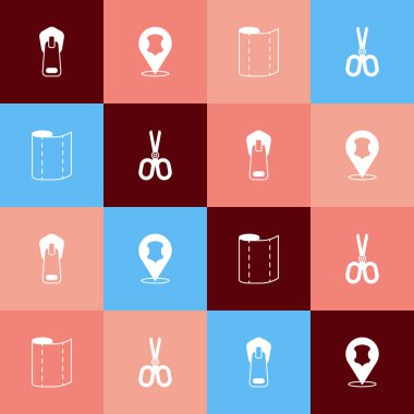 Pop Art Fermuar Deri Kumaş rulo ve Makas simgesini ayarla. Vektör.