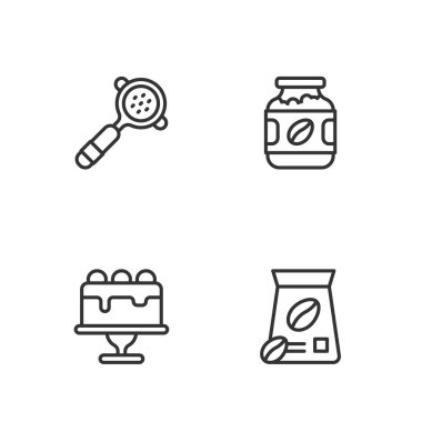 Kahve çekirdeği poşeti kek kahve filtresi tutacağı ve kavanoz şişe ikonu ayarla. Vektör.