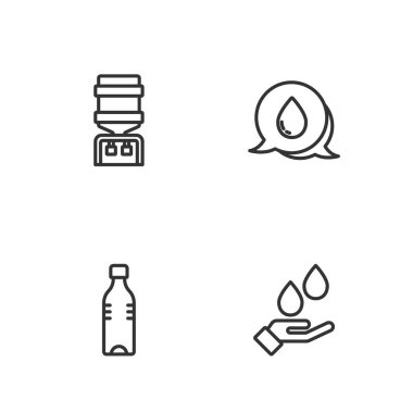 İpi kur, sabun şişesiyle ellerini yıka, su soğutucusu ve konuşma baloncukları ikonu bırak. Vektör.