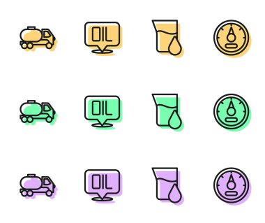 Petrol test tüpü tankeri kelime yağı ve motor benzin göstergesi simgesini ayarla. Vektör.