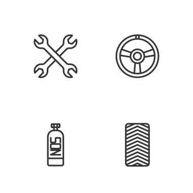 Lastik tekerleği Nitröz oksit anahtarı ve yarış direksiyon ikonu. Vektör.
