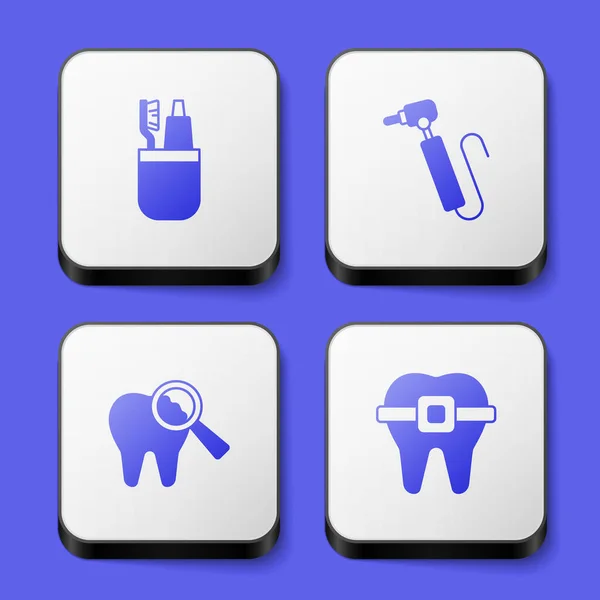 设置牙刷和牙膏钻头破碎和牙齿与牙套图标 白色正方形按钮 — 图库矢量图片
