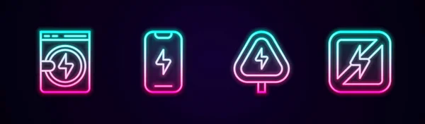 设置线路沃什手机高压无雷电 发光的霓虹灯图标 — 图库矢量图片