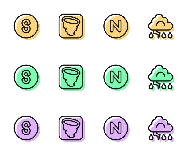 Ustaw Linię Kompas Północno Południowe Tornado Chmura Ikona Błyskawicy Wektor — Wektor stockowy