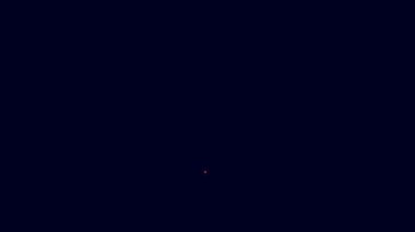 Mavi arka planda izole edilmiş küçük çocuk ikonu için parlak neon çizgili ahşap at eyerinde salıncak. 4K Video hareketli grafik canlandırması.